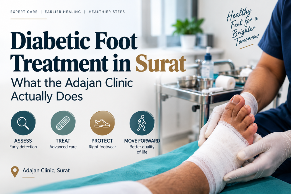 Diabetic foot assessment under way at the Adajan clinic in Surat with dressing trolley alongside