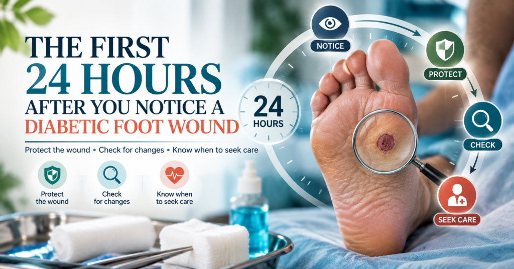 Fresh diabetic foot wound being covered with a plain sterile dressing during first aid at home