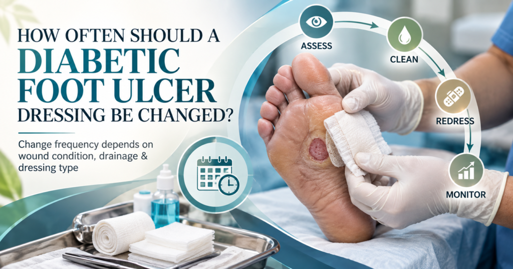 Fresh diabetic foot wound being covered with a plain sterile dressing during first aid at home
