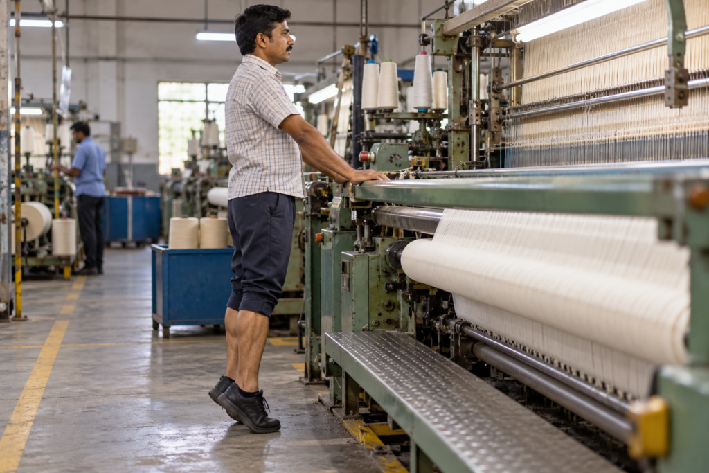 Calf Raises Beside a Textile Loom