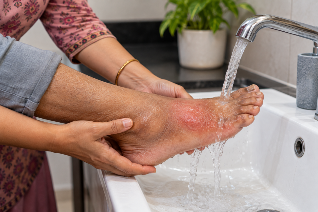 Caring Foot Wash Under Running Water