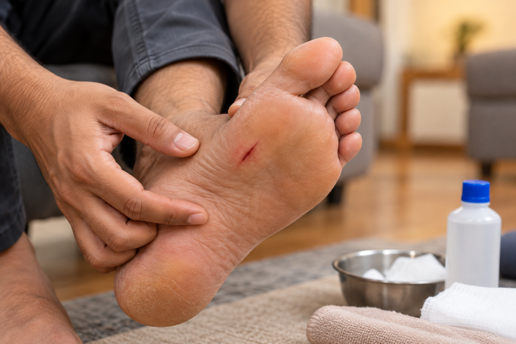 Inspecting a Foot Wound at Home