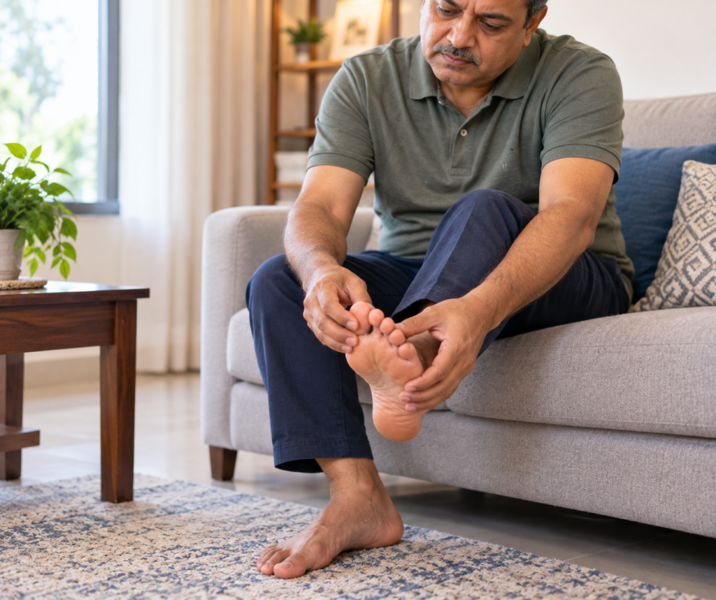 Man Examining His Foot at Home